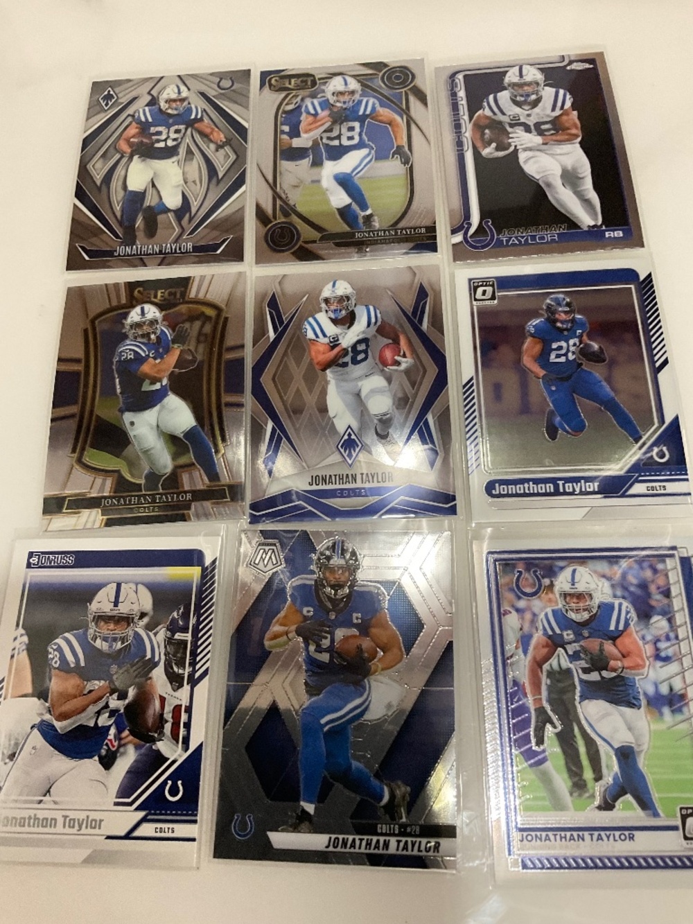 Jonathan Taylor 9 Card Lot. Colts Prizm, Optic, Select, Mosaic, Topps Chrome
